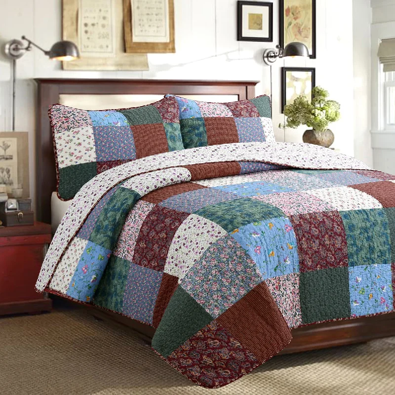 Harvest Vintage Floral Paisley Real Patchwork 3-Piece Cotton Reversible Quilt Bedding Set