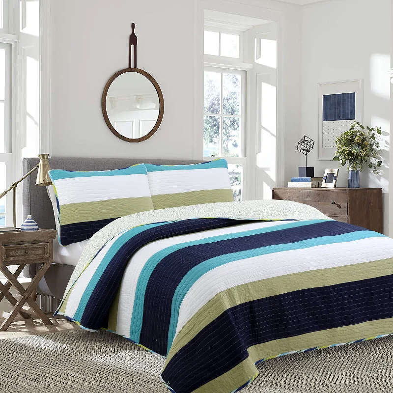 Aquamarine Striped Navy Blue Green Star Dot Cotton Reversible Quilt Bedding Set