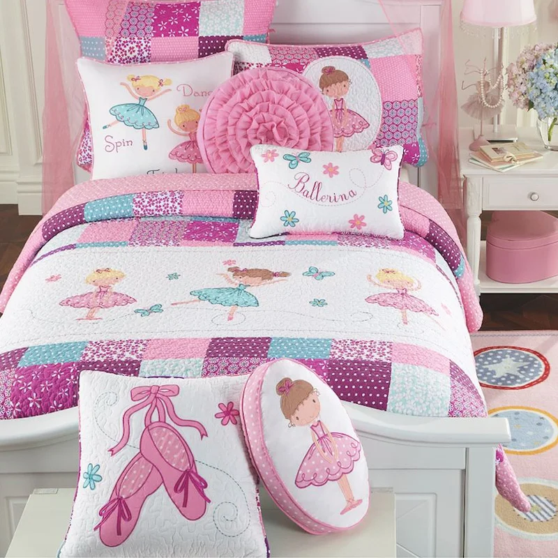 Ballerina Girl Pink Floral Dot Print Patchwork Cotton Reversible Quilt Bedding Set