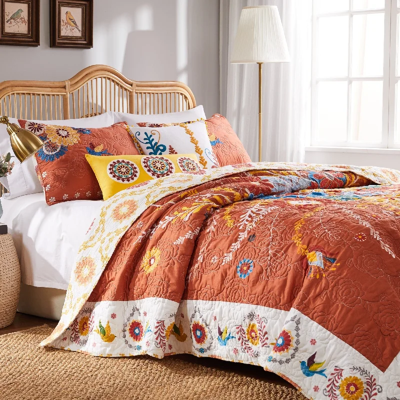 Barefoot Bungalow Topanga Orange Bohemian Floral Quilted Bedspread Set