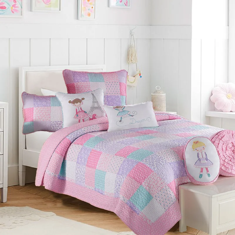 Angelina Pink Floral Dot Print Patchwork Cotton Reversible Quilt Bedding Set