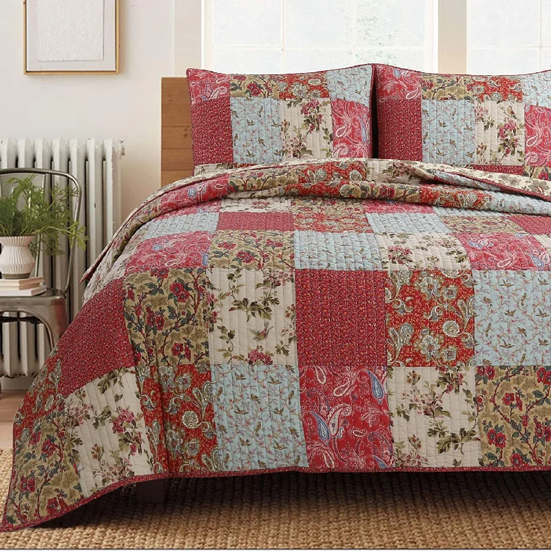 Adeline Floral 3-Peice Real Patchwork Cotton Reversible Quilt Bedding Set