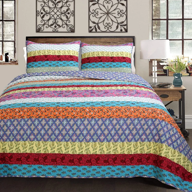 Vibrant Stripe Real Patchwork 3-Piece Cotton Reversible Quilt Bedding Set