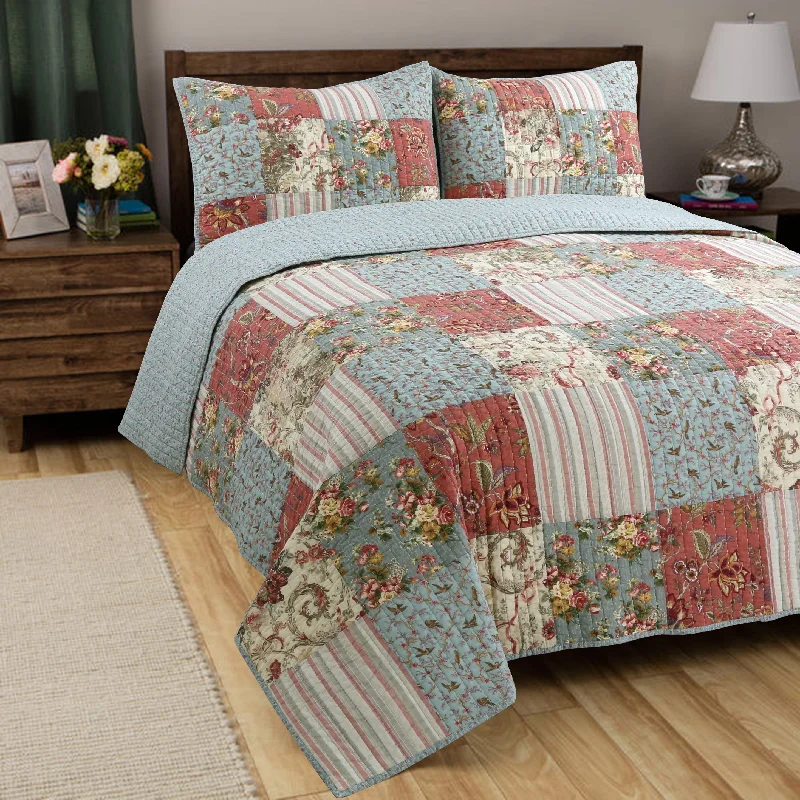 Eleanor Real Patchwork Floral Stripe 3-Piece Cotton Reversible Quilt Bedding Set