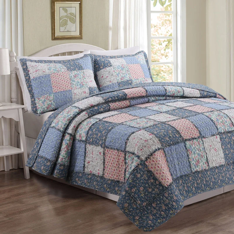 Mraz Blue Pink Ruffle Real Patchwork Cotton 3-Piece Reversible Quilt Bedding Set