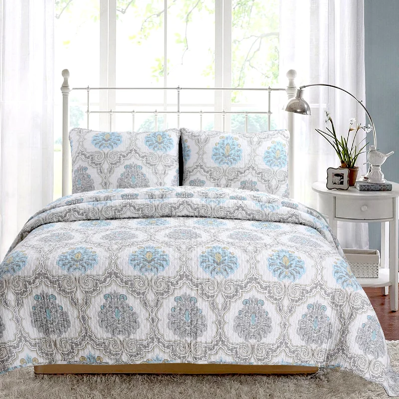 Blue Floral Medallion Cotton 3-Piece Reversible Quilt Bedding Set