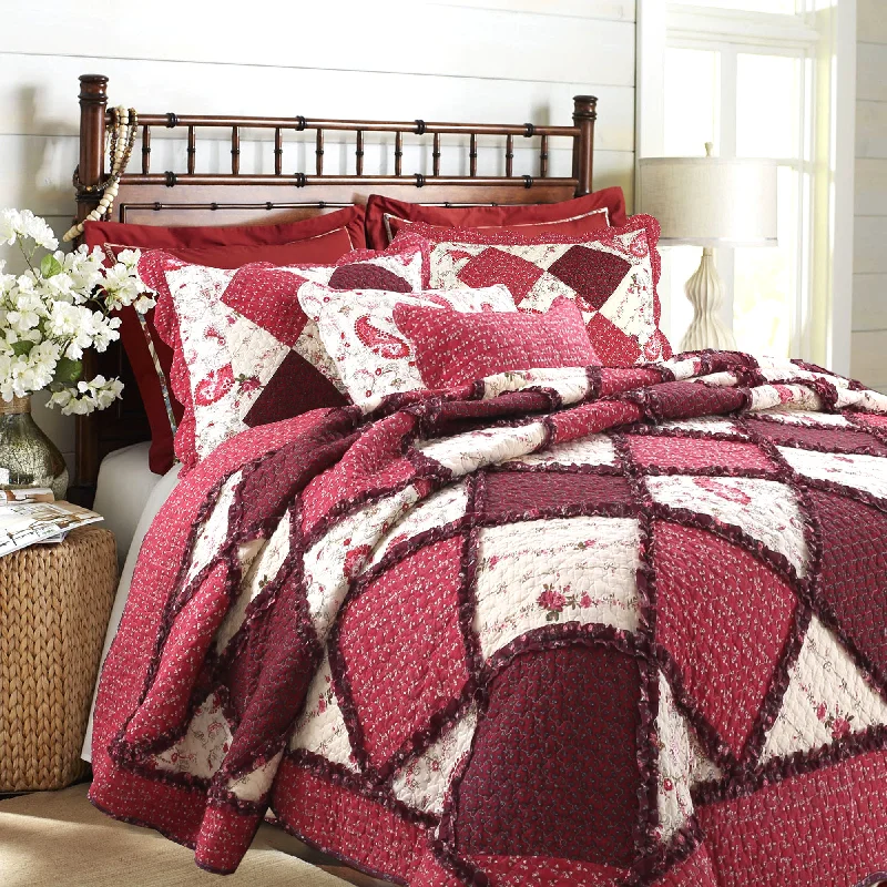 Pineiro Red Floral Real Patchwork Cotton 3-Piece Reversible Quilt Bedding Set