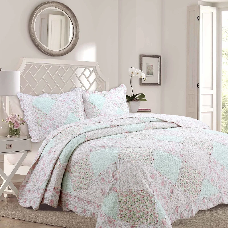 Banner Pink Floral Ruffle Real Patchwork Scalloped Edge Cotton Reversible Quilt Bedding Set