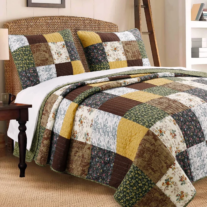 Huitt Country Farmhouse Vintage Floral Real Patchwork Cotton 3-Piece Reversible Quilt Bedding Set