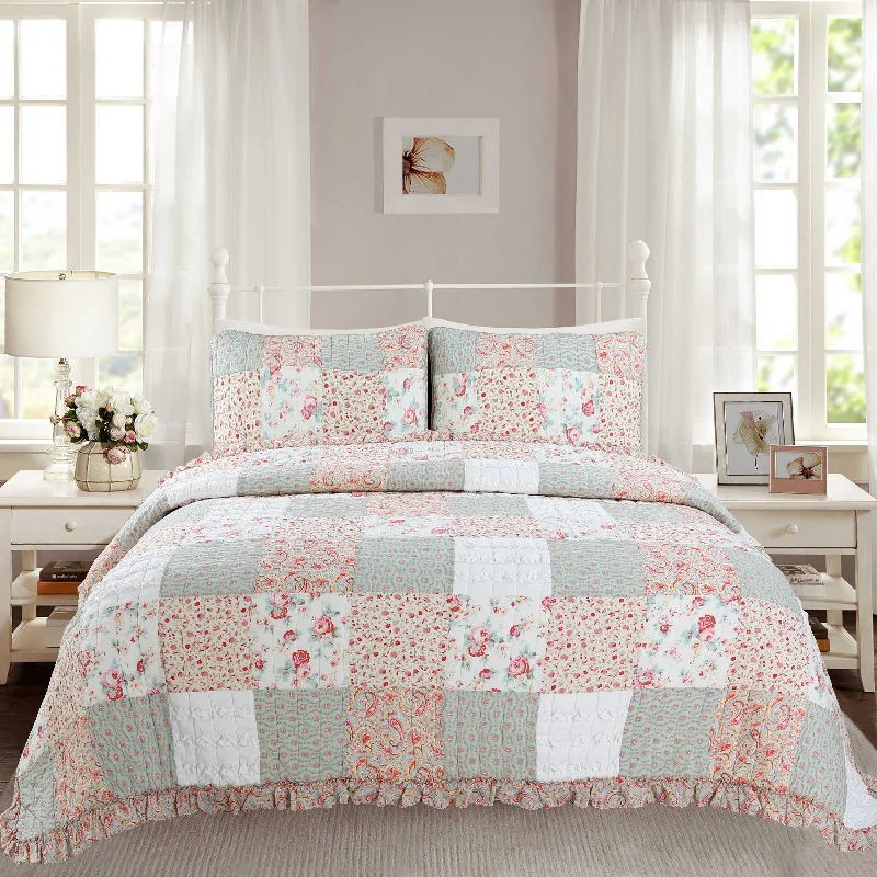 Mucci Floral Ruffle Real Patchwork Cotton 3-Piece Reversible Quilt Bedding Set