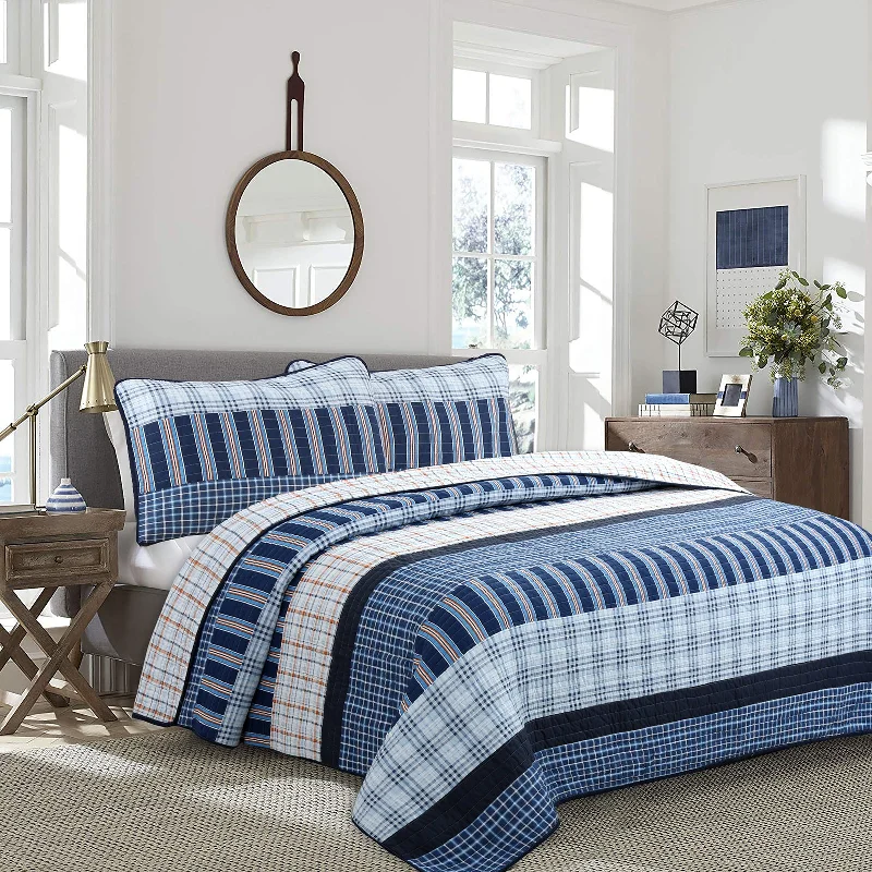 Salina Navy Stripped Plaid Print Patchwork Cotton Reversible Quilt Bedding Set