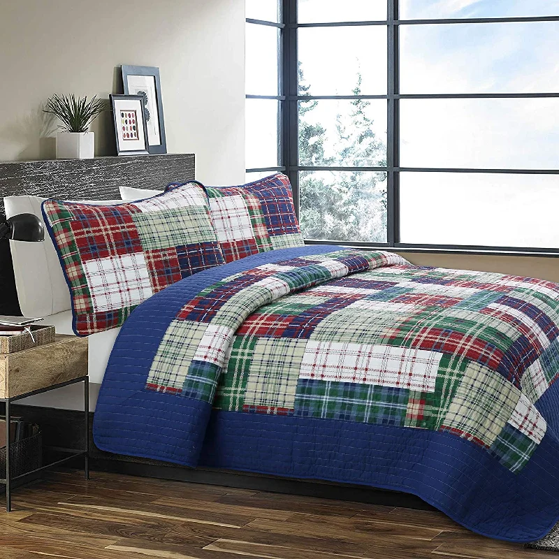 Hepler Plaid Print Patchwork Cotton Reversible Quilt Bedding Set