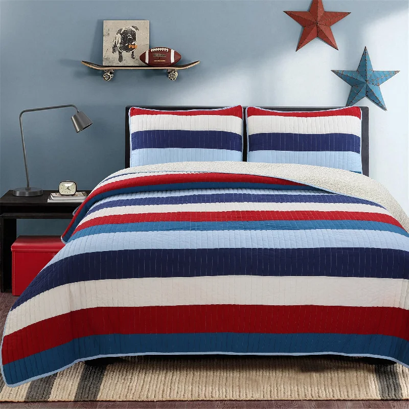 Ressler Navy Blue Red Stripe Real Patchwork Cotton Reversible Quilt Bedding Set