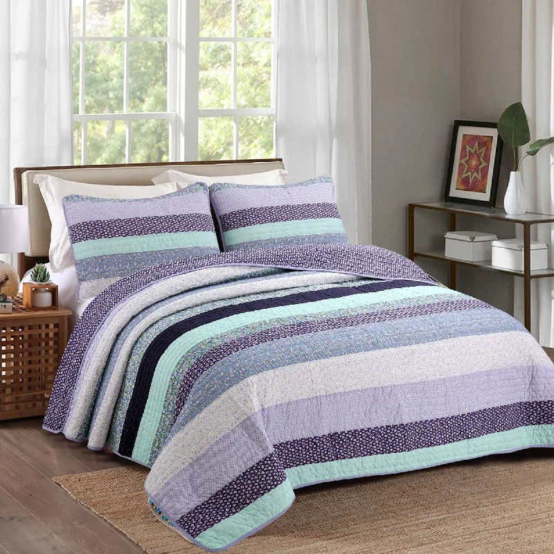 Safira Striped Purple 3-Piece Cotton Reversible Quilt Bedding Set