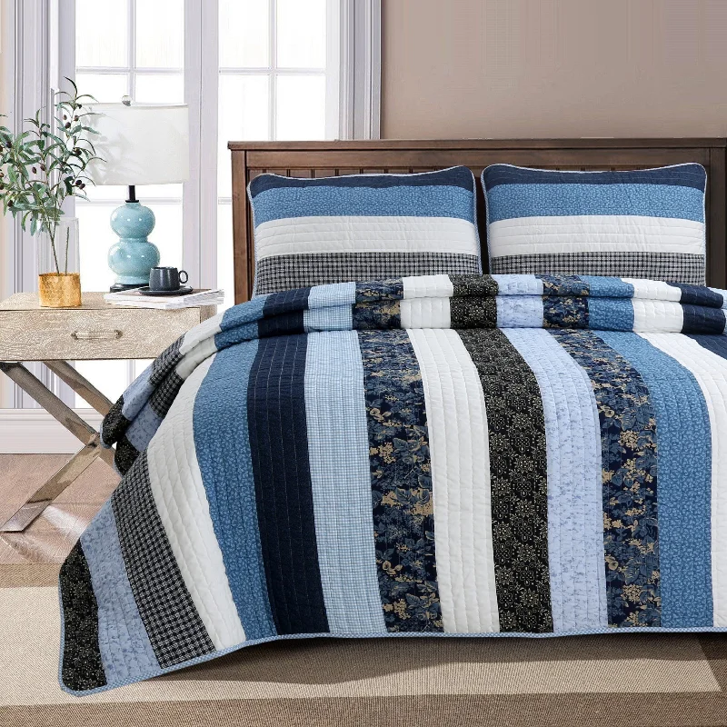 Petrey Blue Stripe Real Patchwork Cotton 3-Piece Reversible Quilt Bedding Set