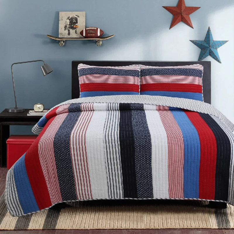 Netta Stripe Real Patchwork Red White Blue Cotton Reversible Quilt Bedding Set