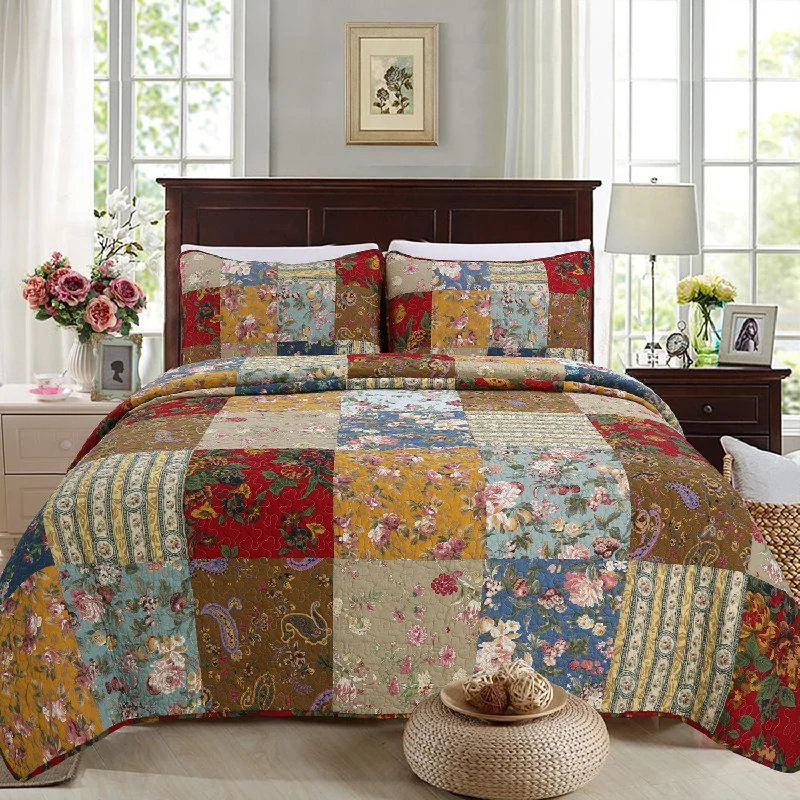 Ryleigh Floral Real Patchwork Country Garden Fall Flowers Paisley 3-Piece Cotton Reversible Quilt Bedding Set