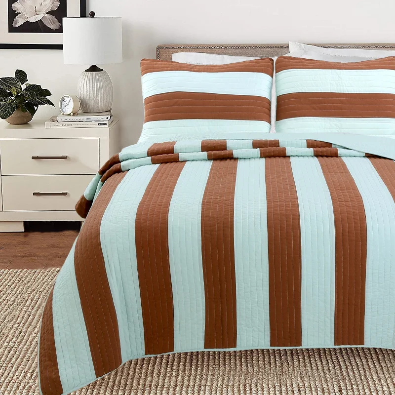 Elaina Brick Red Aqua Striped 3-Piece Cotton Reversible Quilt Bedding Set