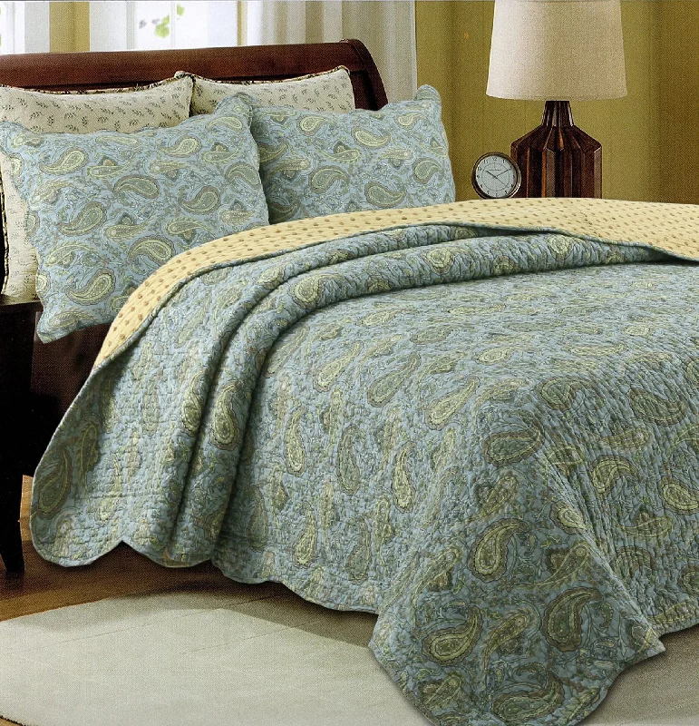 Green Blue Persian Paisley Scalloped Cotton 3-Piece Reversible Quilt Bedding Set