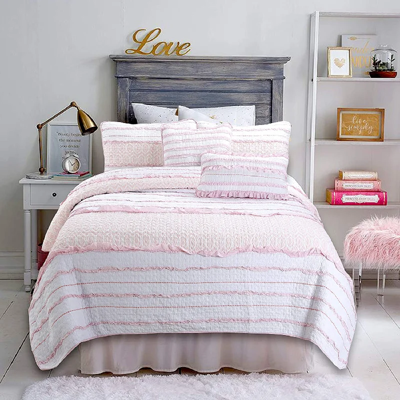 Pretty in Pink Girly Princess Ruffled Star Ogee Stripe Real Patchwork Cotton Reversible Quilt Bedding Set