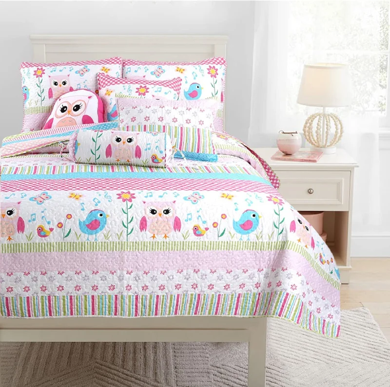 Home Sweet Pink Owl Print Stripe Girl Reversible Quilt Bedding Set