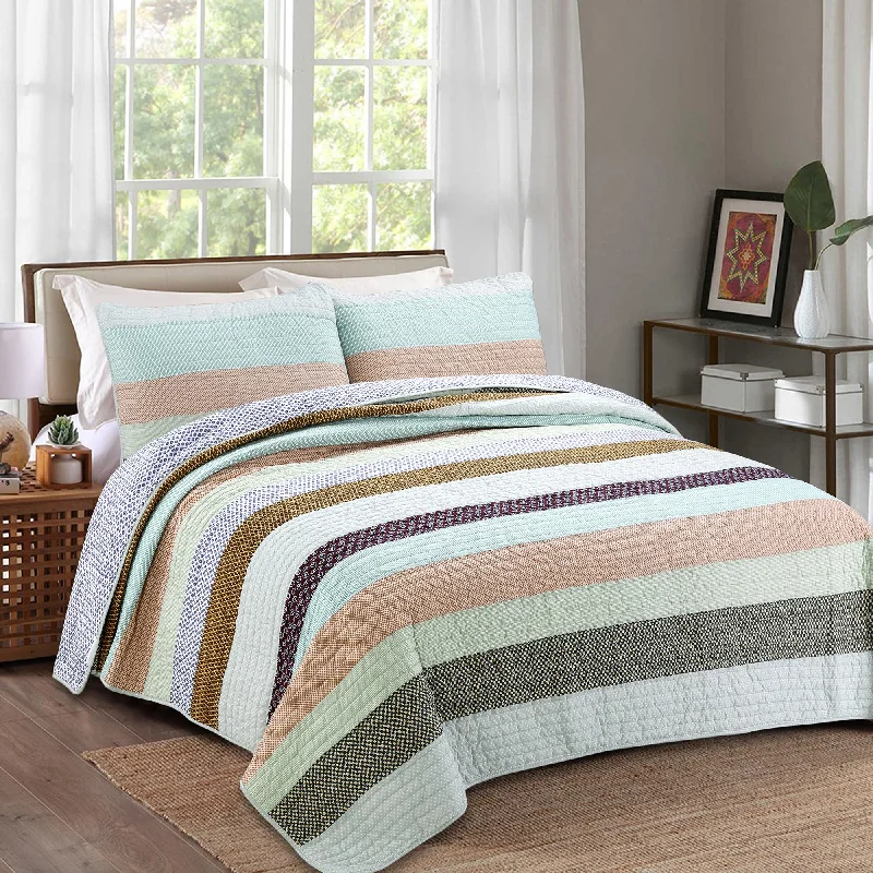 Nesco Striped Purple Green Brown Cotton 3-Piece Reversible Quilt Bedding Set