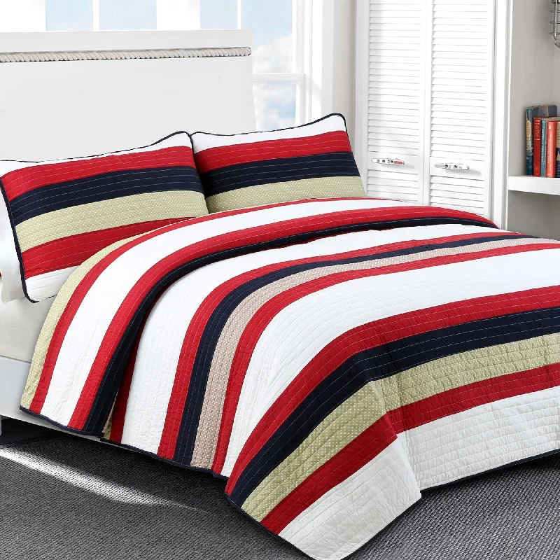 Rugby Red Striped Cotton Reversible Quilt Bedding Set