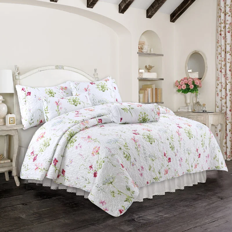 Carlotta Light Pink Blue Floral Print Reversible Quilt Bedding Set