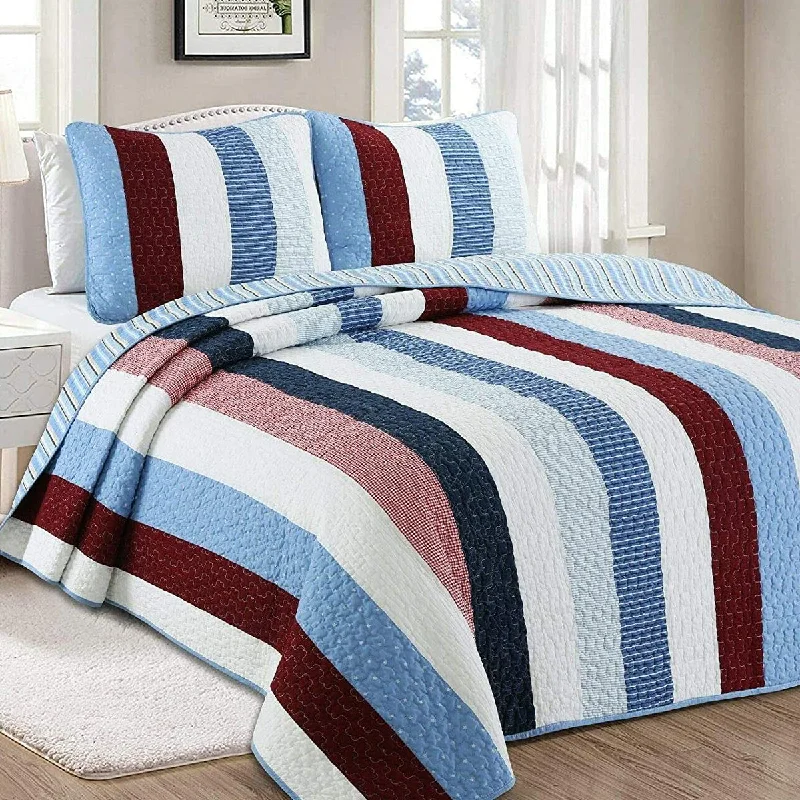 Blue Red White Striped Cotton Reversible Quilt Bedding Set