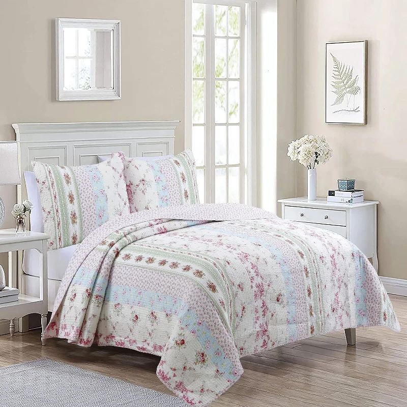 Wild Rose Enchantment Floral Bloom Garden Stripe Real Patchwork Reversible Quilt Bedding Set