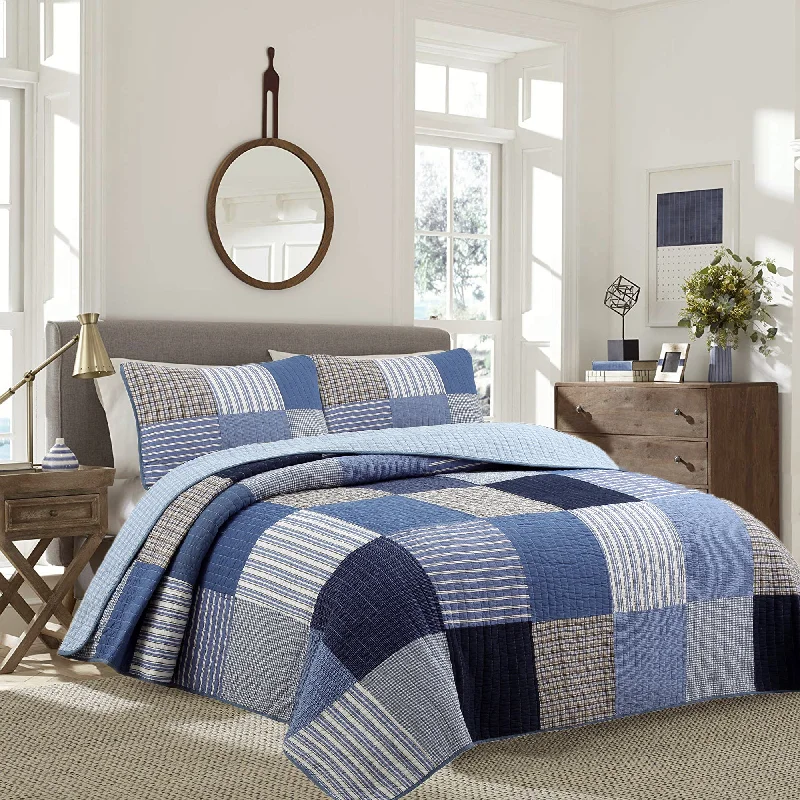 Blue Jean Plaid Stripes Tartan Real Patchwork Cotton Reversible Quilt Bedding Set