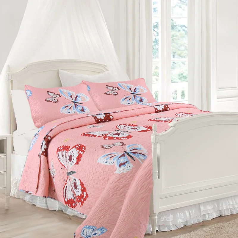 Butterflies Flutter Pink Girl Print Reversible Quilt Bedding Set