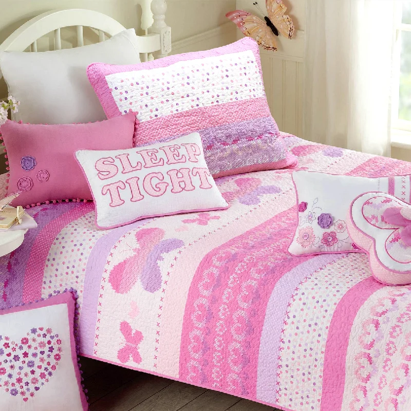 Butterfly Fairisle Pink Purple Striped Sweater Print Cotton Reversible Quilt Bedding Set