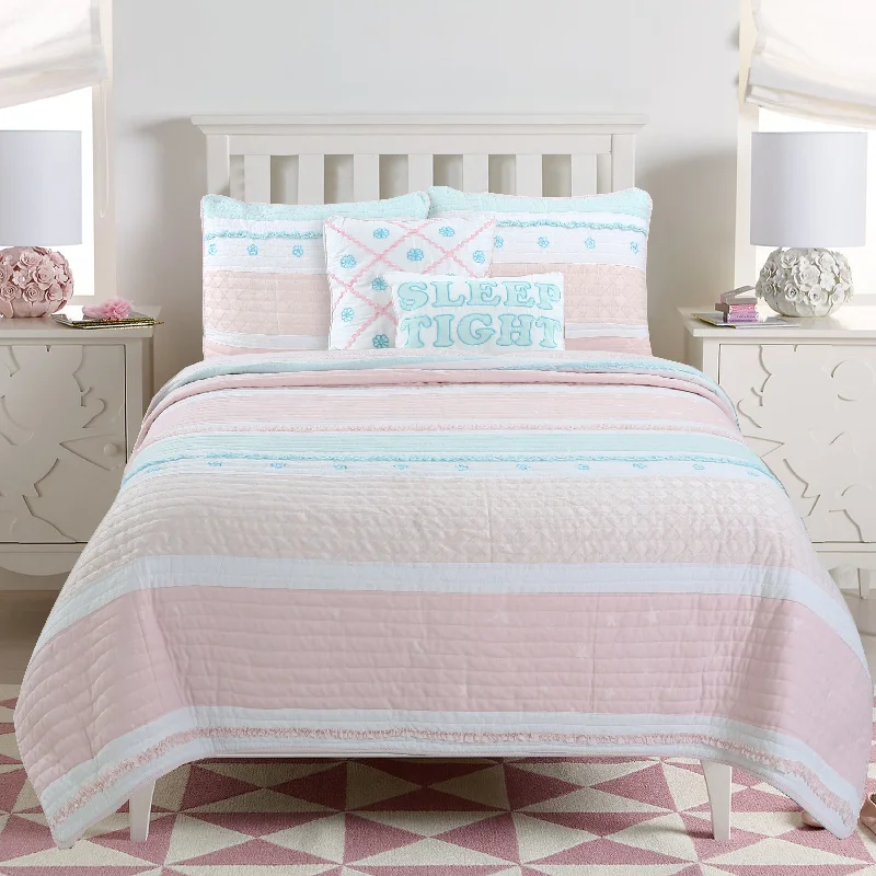 Candy Light Pink Blue Ruffle Floral Stripe Real Patchwork Girl Cotton Reversible Quilt Bedding Set