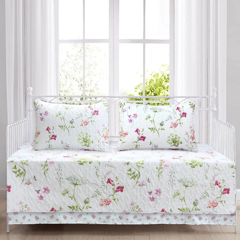 Carlotta Light Pink Blue Floral Print Microfiber Reversible DayBed Quilted Bedding Set