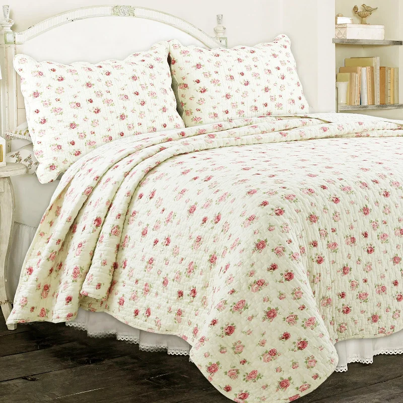 Pink Rose Garden Floral Cotton 3-piece Reversible Quilt Bedding Set