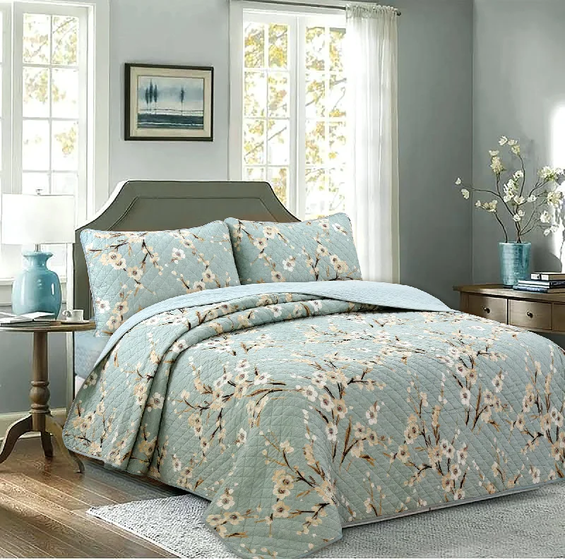 Cream Cherry Blossom Floral Cyan Blue Green 3-Piece Reversible Quilt Bedding Set