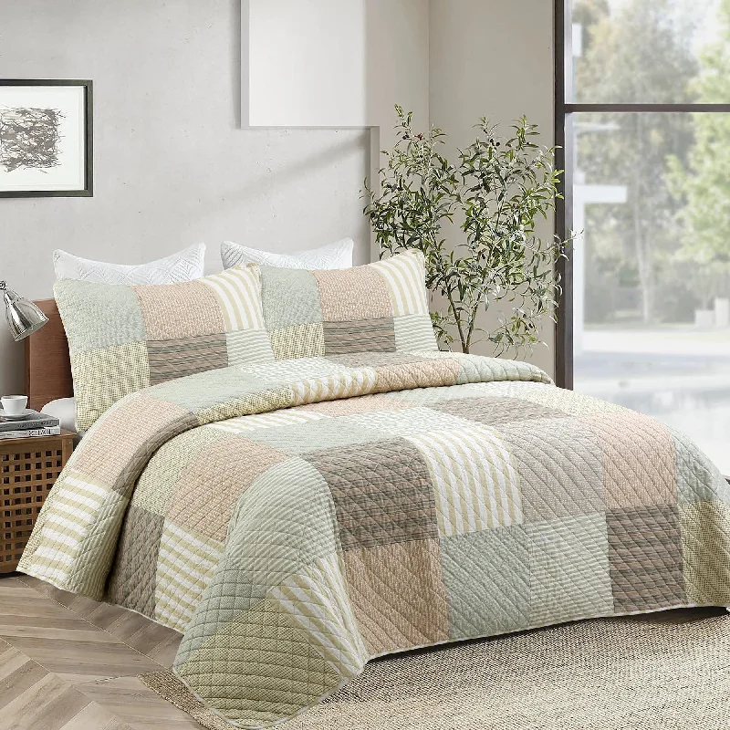 Earth Tone Brown Tan Beige Stripe Checker Real Patchwork 3-Piece Cotton Reversible Quilt Bedding Set