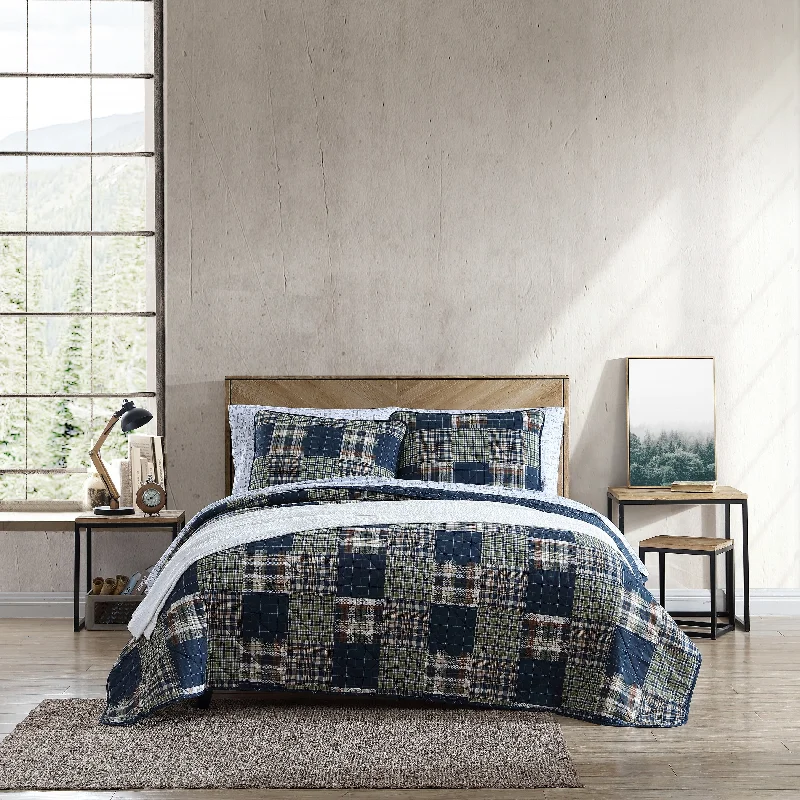 Eddie Bauer Madrona Plaid Cotton Reversible Navy Quilt Set