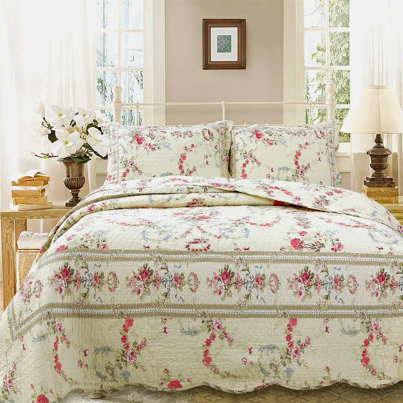 Rose Romance Floral Cotton Reversible Quilt Bedding Set