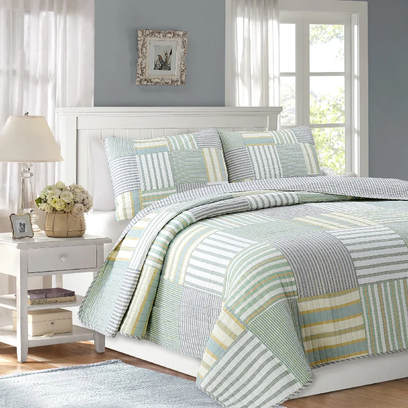 Spa Striped Real Patchwork Cotton Reversible Quilt Bedding Set