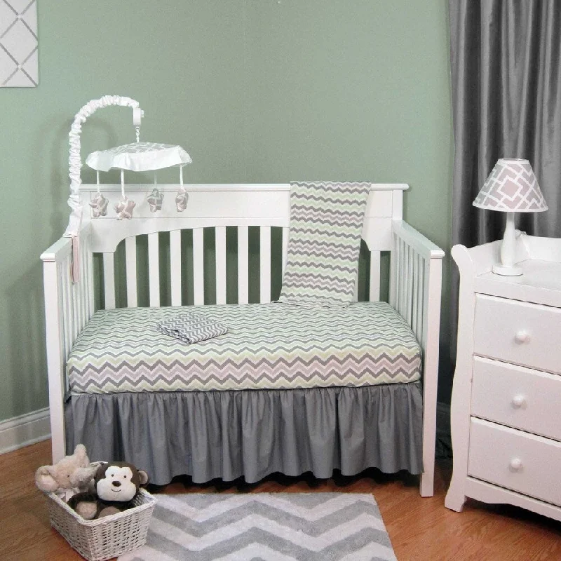 Green/Grey Cotton Chevron 5-piece Baby Crib Bedding Set