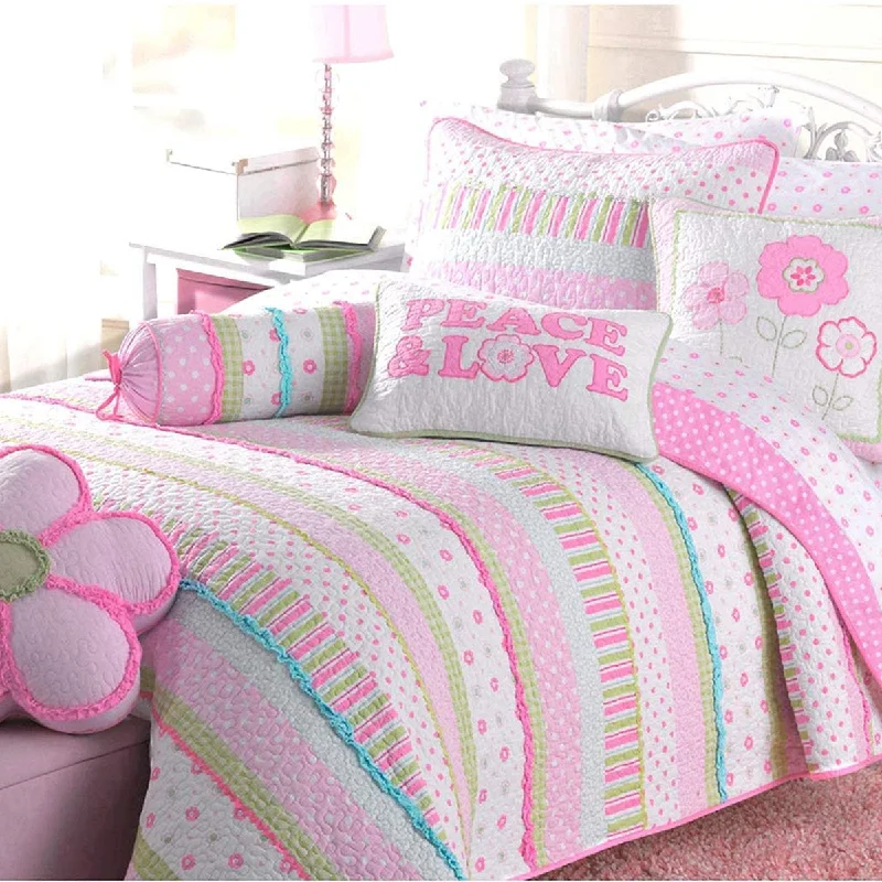 Greta Floral Stripe Pink Real Patchwork Cotton Reversible Quilt Bedding Set