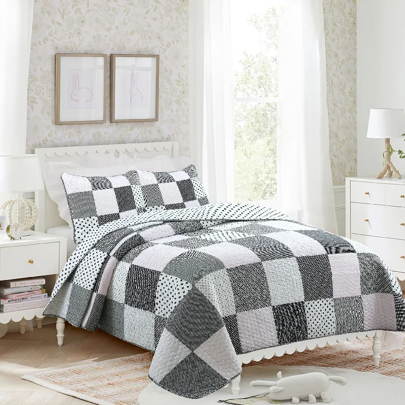 Halftone Black White Subtle Pink Polka Dot Patchwork Cotton Quilt Bedding Set