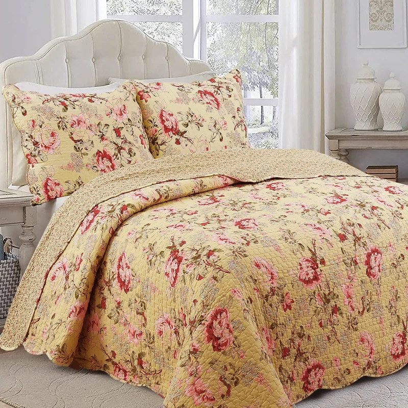 Lelia Pink Floral Scalloped Edge 3-piece Cotton Reversible Quilt Bedding Set