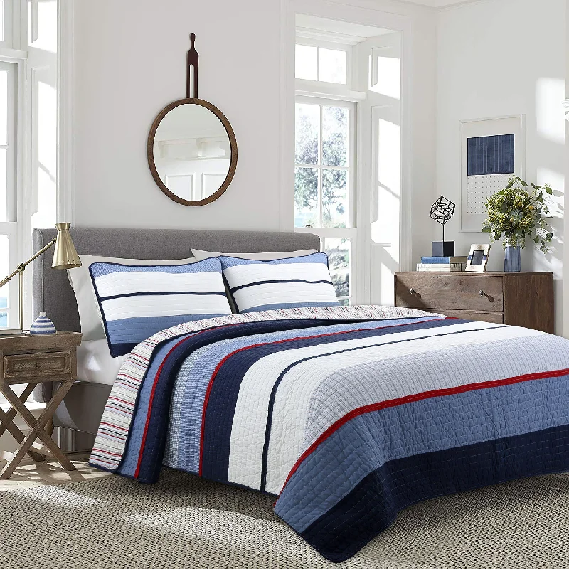 Levi Jean Stripped Denim Blues Cotton Reversible Quilt Bedding Set