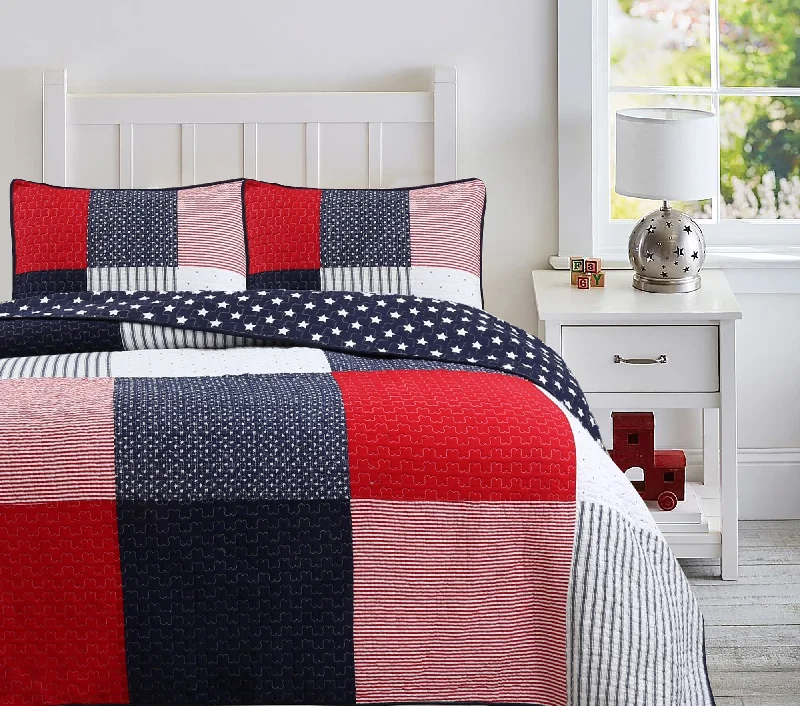 Patriotic Real Patchwork Plaid Red White Blue Cotton Reversible Quilt Bedding Set