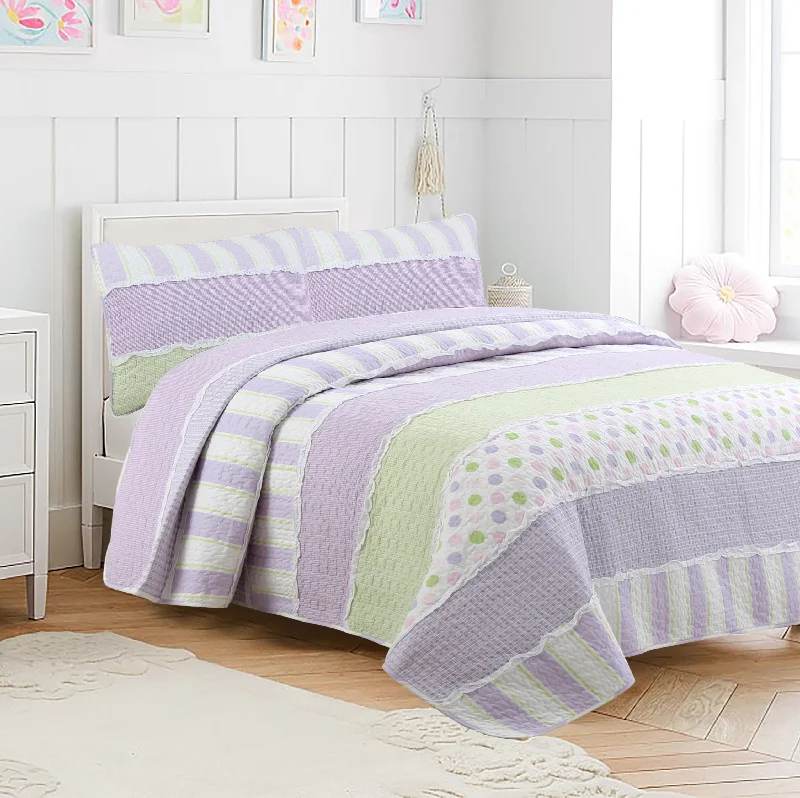 Lilac Purple Green Stripe Polka Dot Checker White Ruffle Real Patchwork Cotton Reversible Quilt Bedding Set