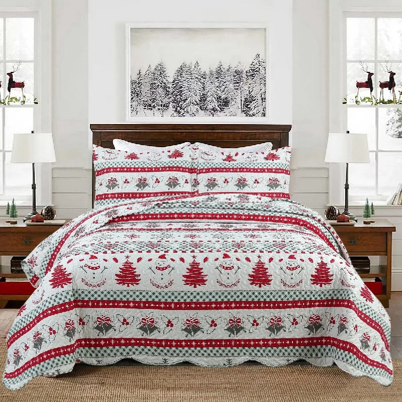 MarCielo 3 Pcs Snowman Christmas Quilt Bedspread Set C89