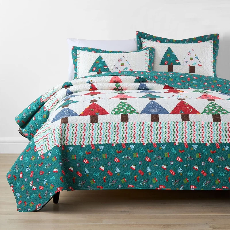 MarCielo Handcrafted Christmas Patchwork Cotton Quilt Bedspread Set 3-Piece Vintage Style Holiday Bedding